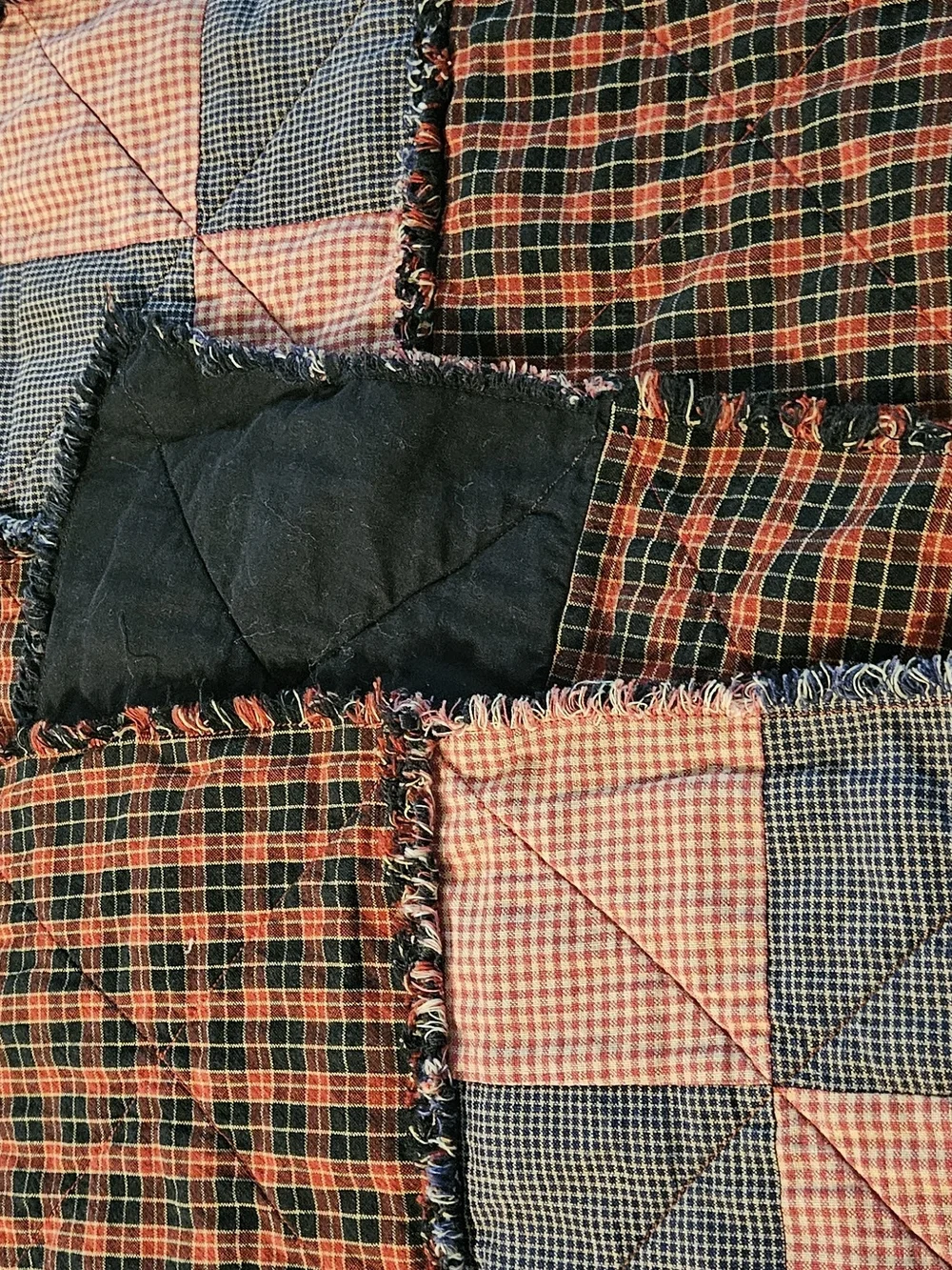 Plaid Patchwork Cotton Quilt - Red, Navy, Cream